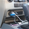 best way to charge your iPhone, iPad, iPod in your car, charge two devices at once with the dual USB car charger, illuminated blue logo